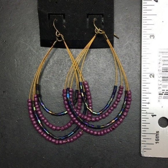 Teardrop Pierced Earrings Gold Purple Seed Bead Iridescent Exotic - Picture 2 of 2